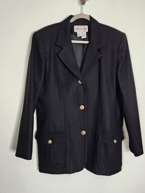 Vintage Fundamental Things Wool Blazer Jacket Womens 14 Black Pleated Gold Btns